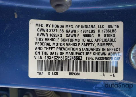 2016 Honda Civic Lx from USA, damaged, VIN 19XFC2F51GE248663